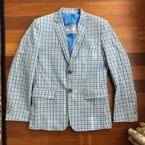 SIZE 7 ISAAC MIZRAHI Big Boy/'s Mint//Navy Check PLAID LINEN BLAZER NWT